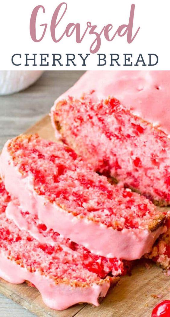 A simple quick bread with maraschino cherries in every bite. Don't forget the almond cherry glaze on top this simple cherry bread! #valentinesday #pink #bread #quickbread #cherries A simple quick bread with maraschino cherries in every bite. Don't forget the almond cherry glaze on top this simple cherry bread! #valentinesday #pink #bread #quickbread #cherries