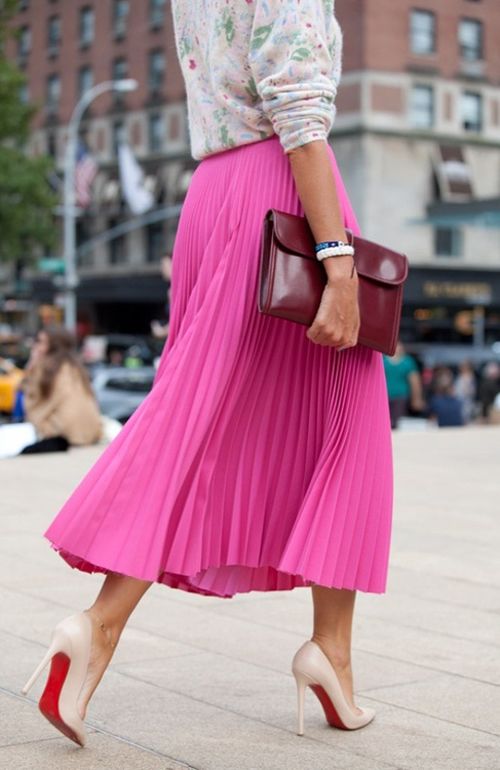 Trendings | Pink pleated skirt with patterned sweater and Louboutin ...