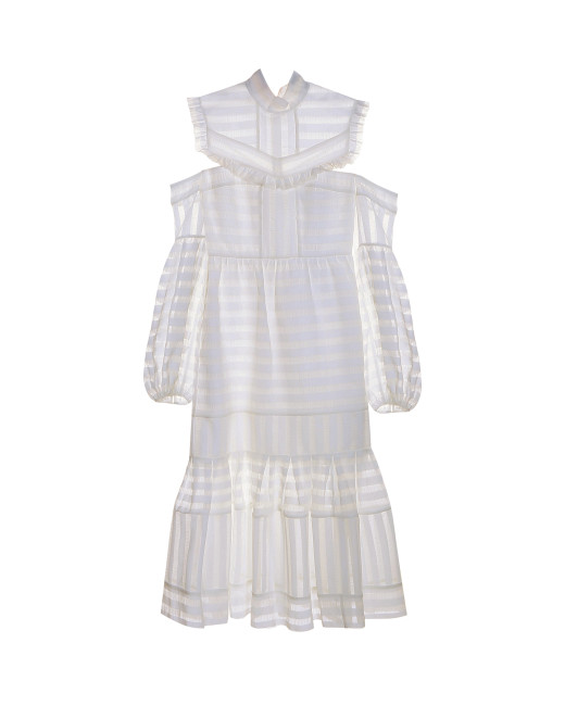 2016 SS Erdem White Shoulder Cutout Dress 女星撞衫 Erdem高領挖肩條紋白洋