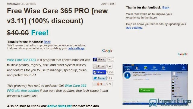 Offre promotionnelle : Wise Care 365 Pro gratuit (pendant 3 jours) !