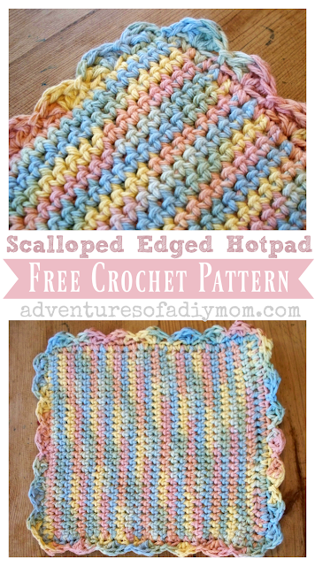 Make a crocheted hotpad with a scalloped edge with this free pattern. Includes step-by-step pictures. #crochetedhotpad #freecrochetpattern #adventuresofadiymom #crochetscallops How to Make a Crocheted Hotpad with Scalloped Edge