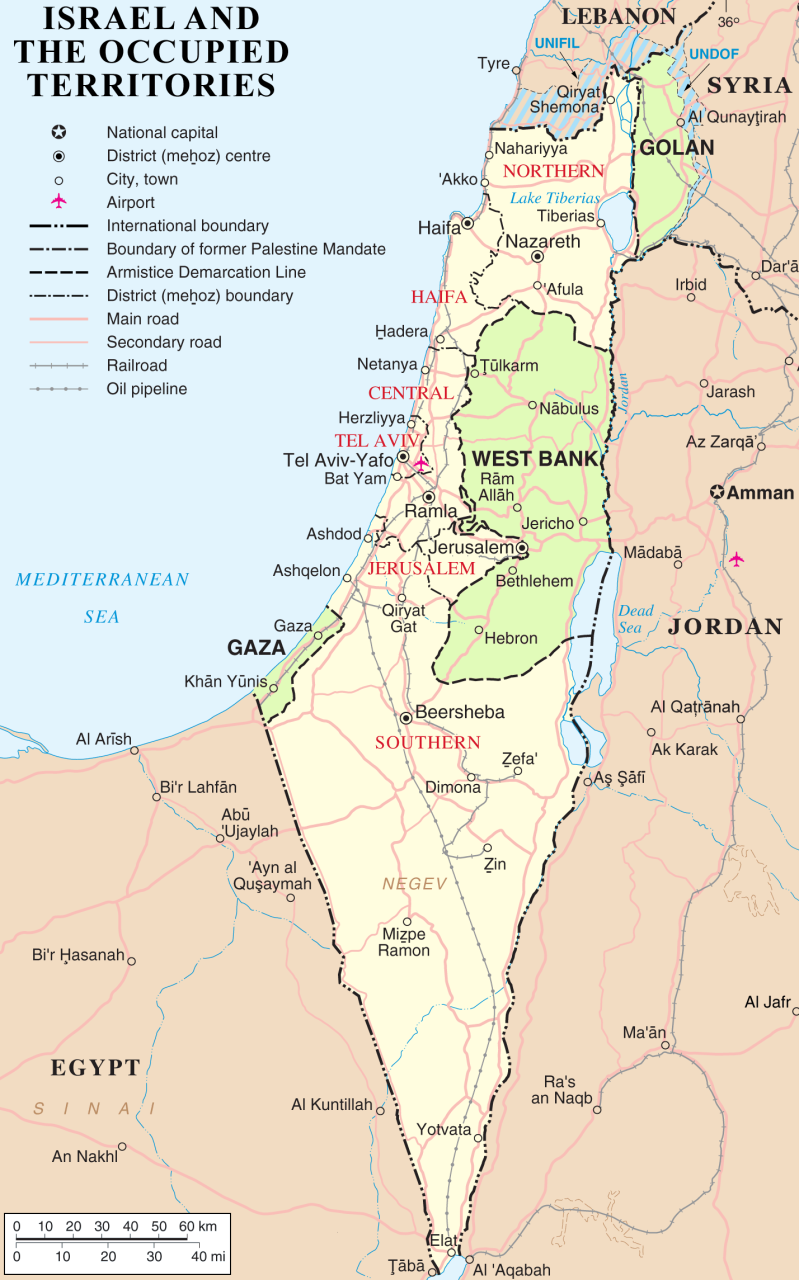 Map of Israel with the occupied territories of the West Bank, Gaza Strip, and Golan Heights highlighted