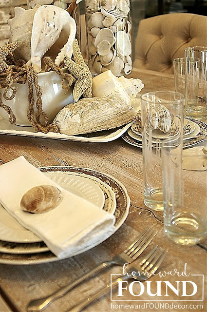 antiques, beach style, coastal style, color palettes, entertaining, fall, farmhouse style, found objects, neutrals, rustic style, seashells, summer, tablescapes, vintage, white dishes
