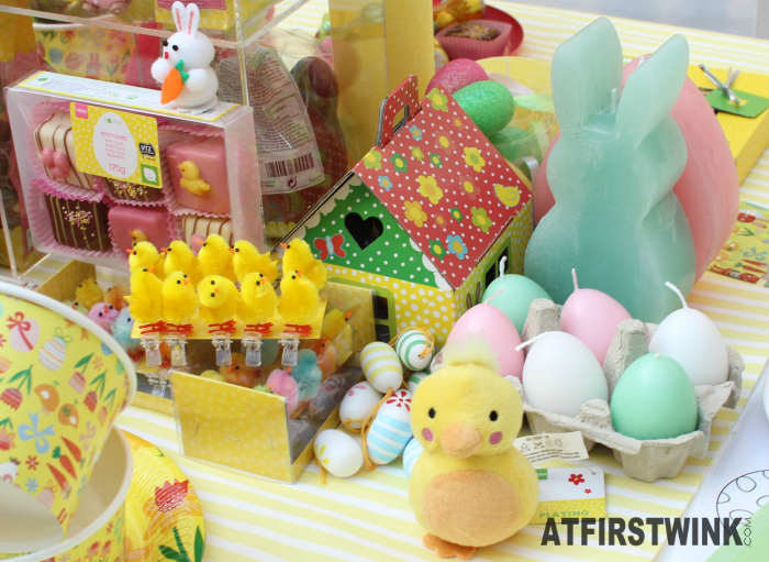 HEMA petit fours, chick decorations, egg candles, paper house, bunny candle