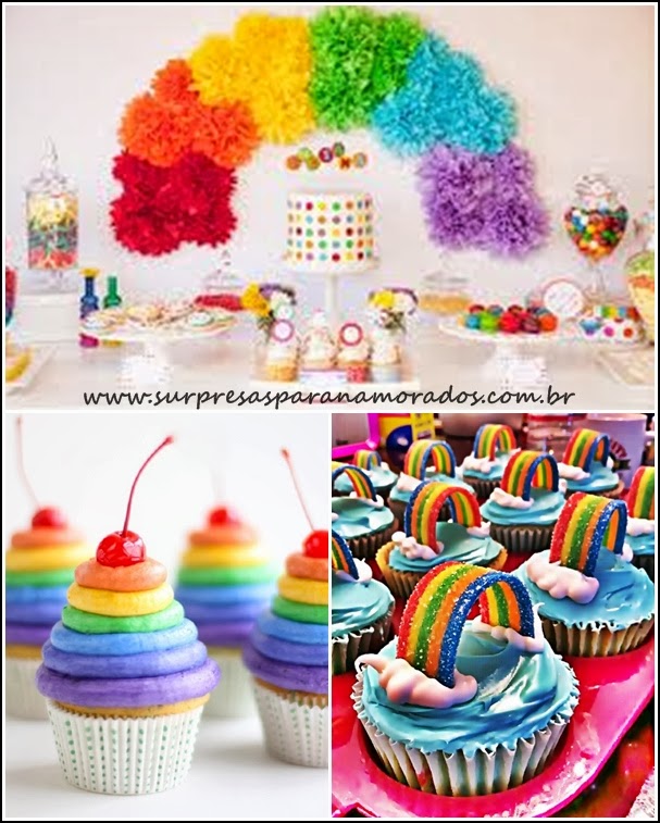 festa e cupcakes arco-íris