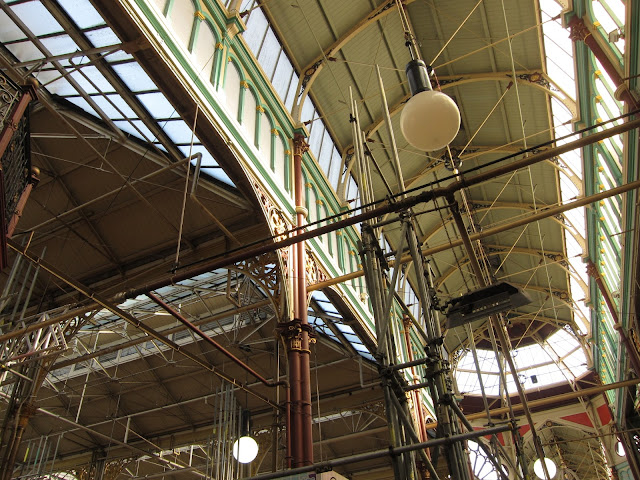 Looking up into the roof of Halifax indoor market while the scaffolding is up for repairs