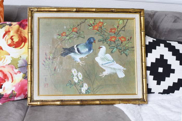Asian bird painting in gold bamboo frame + Tips for shopping for home decor at antique and thrift stores. | via monicawantsit.com