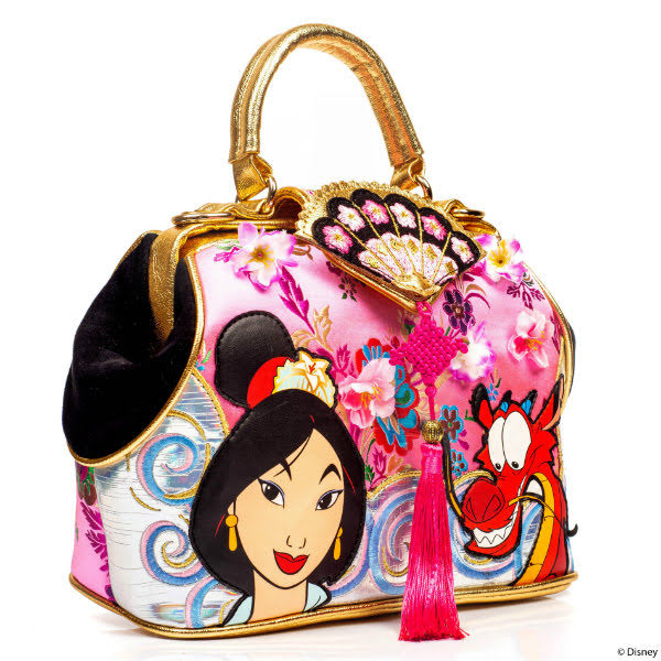 Irregular Choice Disney Mulan Teaser Let Dreams Blossom Bag handbag with fan and tassel detail and applique Mulan characters on white background