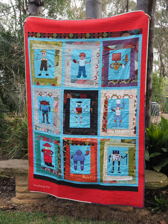 Make a robot quilt for a young boy. Download the nine free robot appliqué templates to make your own robot quilt. Tutorial by Threading My Way
