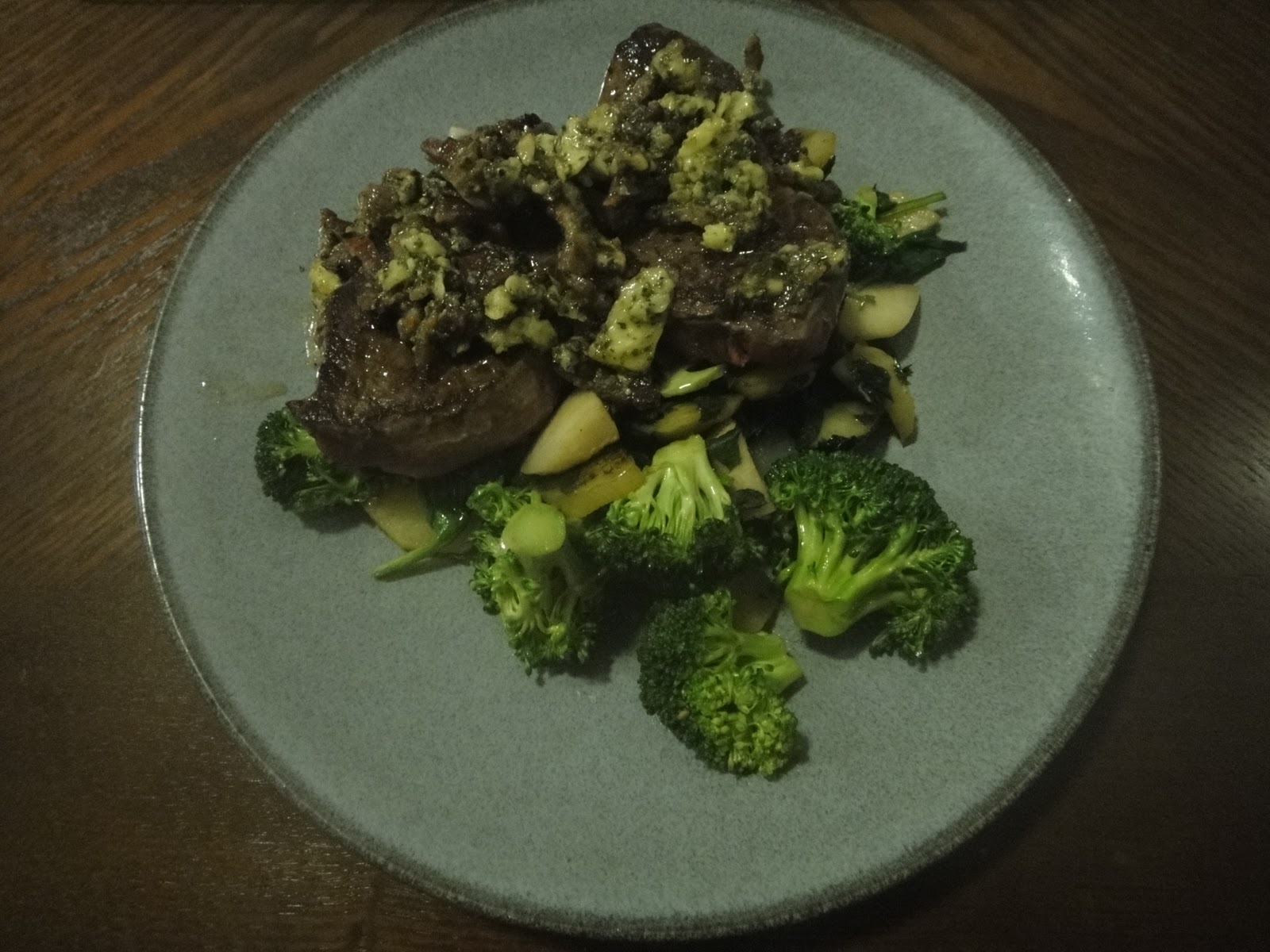 From My Blue Kitchen Garlic Jack Cheese, Pesto, and Bacon Steaks