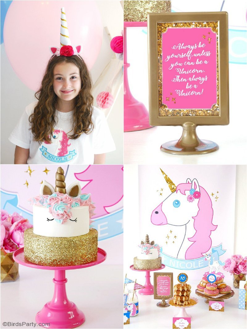 A Unicorn Birthday Slumber Party - with DIY decorations ideas, party printables, food, easy party favors and fun for a girl party or celebration! by BirdsParty.com @BirdsParty
