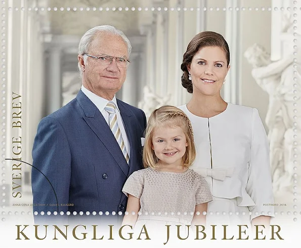 New stamps bearing the portraits of the Royal Couple, Crown Princess Victoria and Princess Estelle will be released on March 17 on the occasion of 40th anniversary of the wedding of King Carl Gustaf of Sweden and Queen Silvia of Sweden