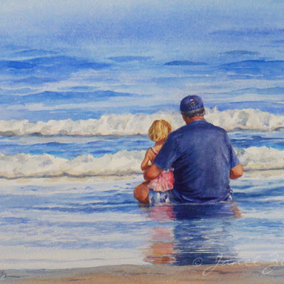 Watercolor custom painting of a girl and her grandfather at the beach Watercolor custom painting of a girl and her grandfather at the beach