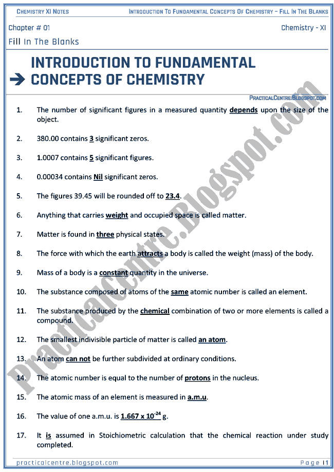 Introduction To Fundamental Concepts Of Chemistry - Blanks - Chemistry XI