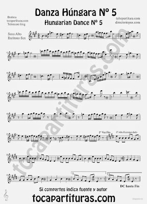 Tubepartitura Danza Húngara nº 5 Partitura de Saxofón Alto y Saxofón Barítono de Johannes Brahms