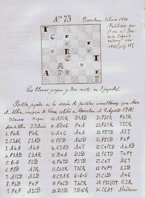 Primera planilla manuscrita en su libro de la sesión de simultáneas que Max Adolf Albin dio en Barcelona el 9 de agosto de 1910
