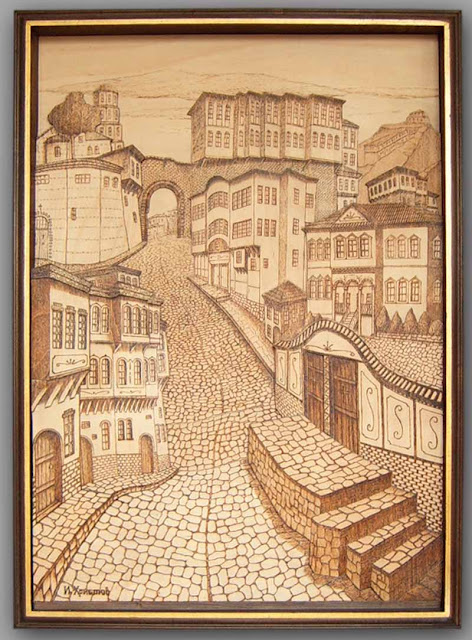 wooden pyrography, wood burning, pyrography, wood pyrography, wooden art, wooden pictures, wooden engraving, Ivaylo Hristov, Old town