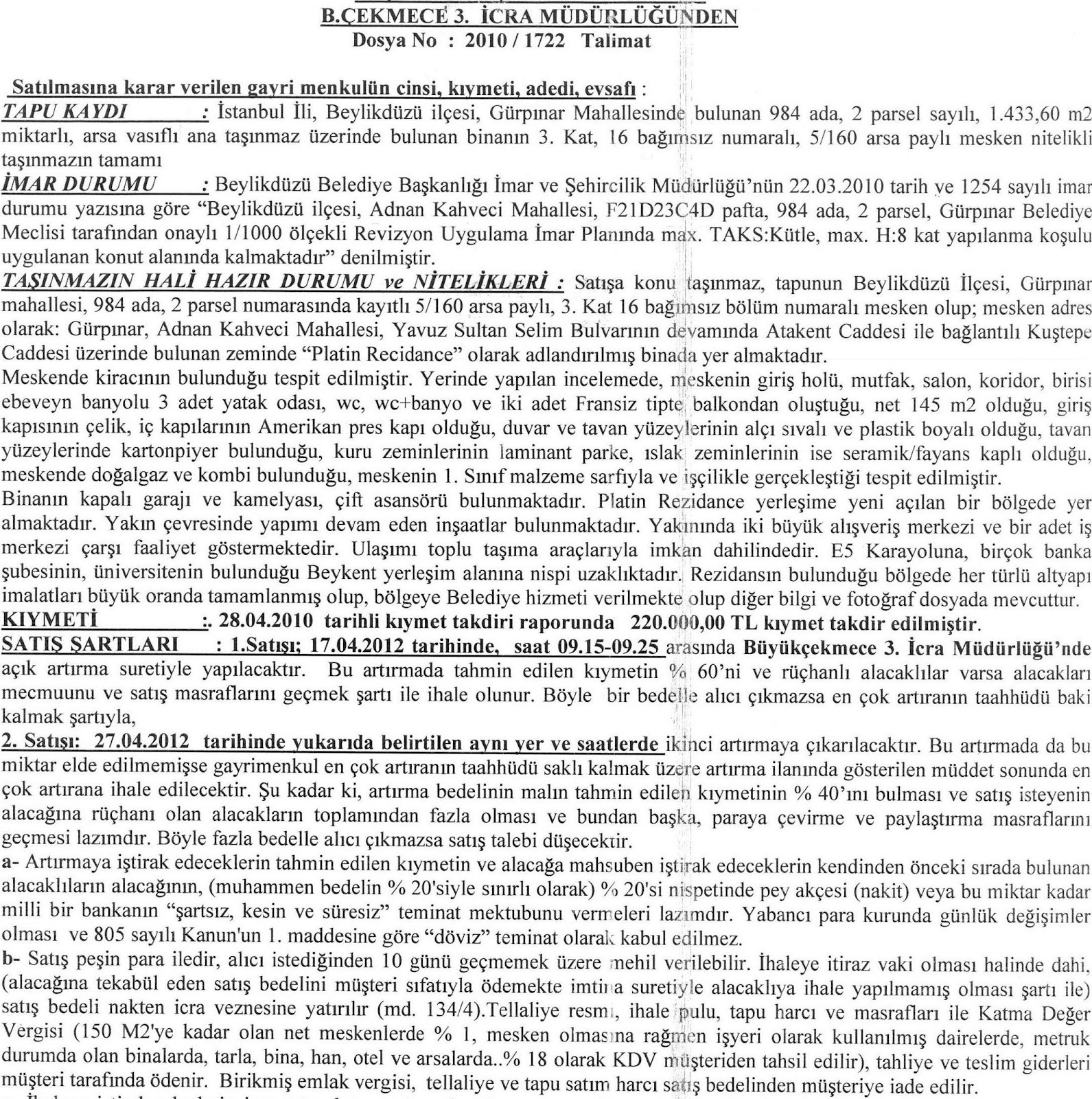 İcra ilan ihale emlak ve araç portalı Beylikdüzü Platin Residence ta