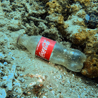 A Coca-cola bottle may be eye-catching for a moment on the store shelf, but it will be an eyesore underwater for a long time to come. 