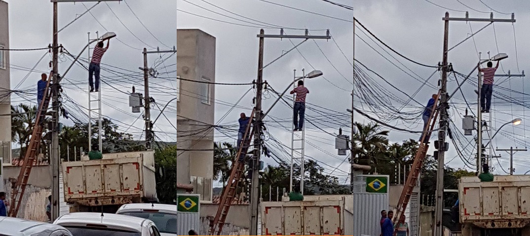 Senhor do Bonfim: Prepostos da prefeitura são flagrados fazendo acrobacias para resolver problema em lâmpada de poste Senhor do Bonfim: Prepostos da prefeitura são flagrados fazendo acrobacias para resolver problema em lâmpada de poste