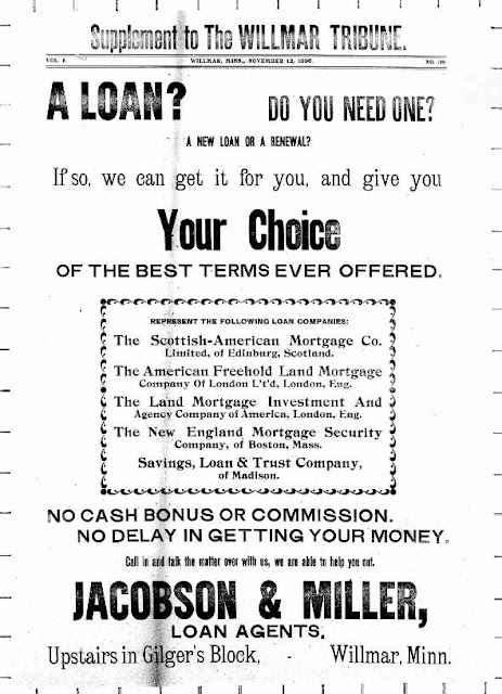 Sample mortgage broker advertisement from the Willmar Tribune, circa 1895