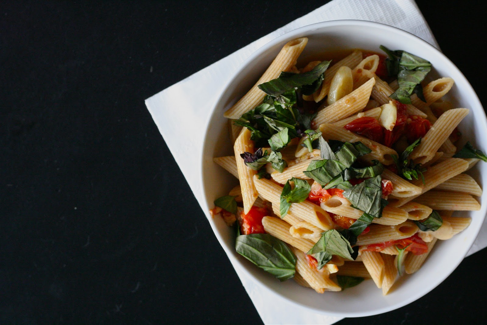 three a week whole wheat penne with roasted tomatoes, garlic, and basil