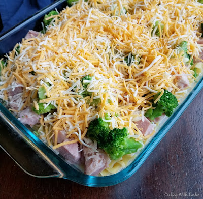 cheese topped casserole ready to go in the oven