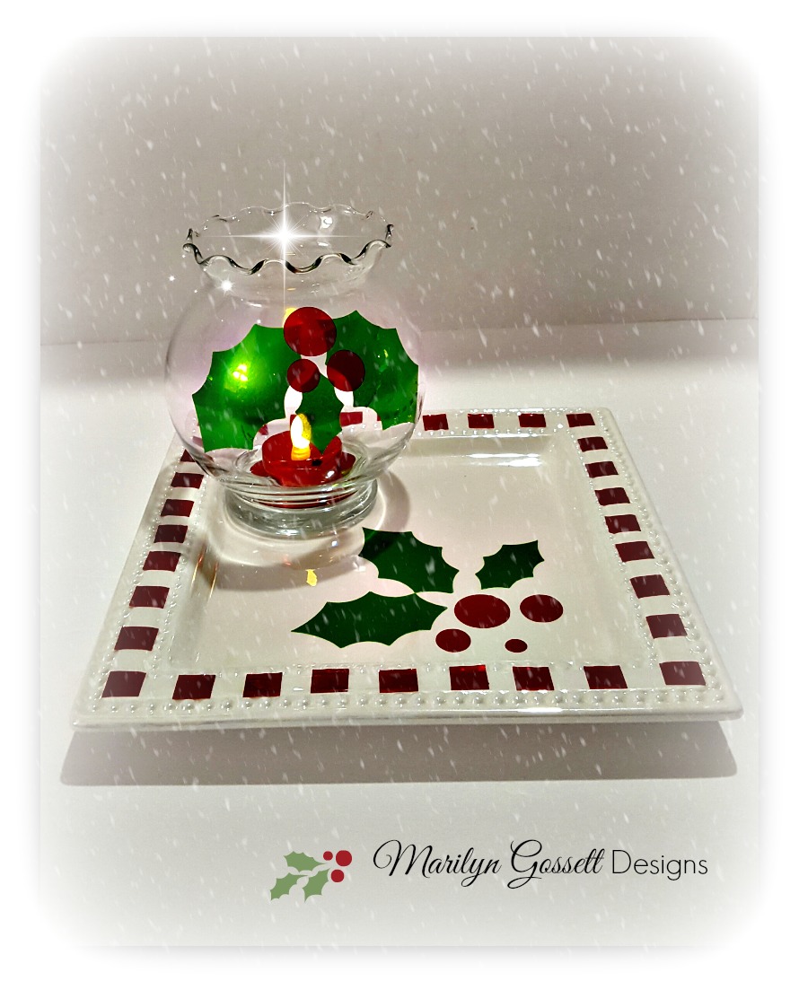 Marilyn Gossett Designs Decorate a Christmas serving plate and candle