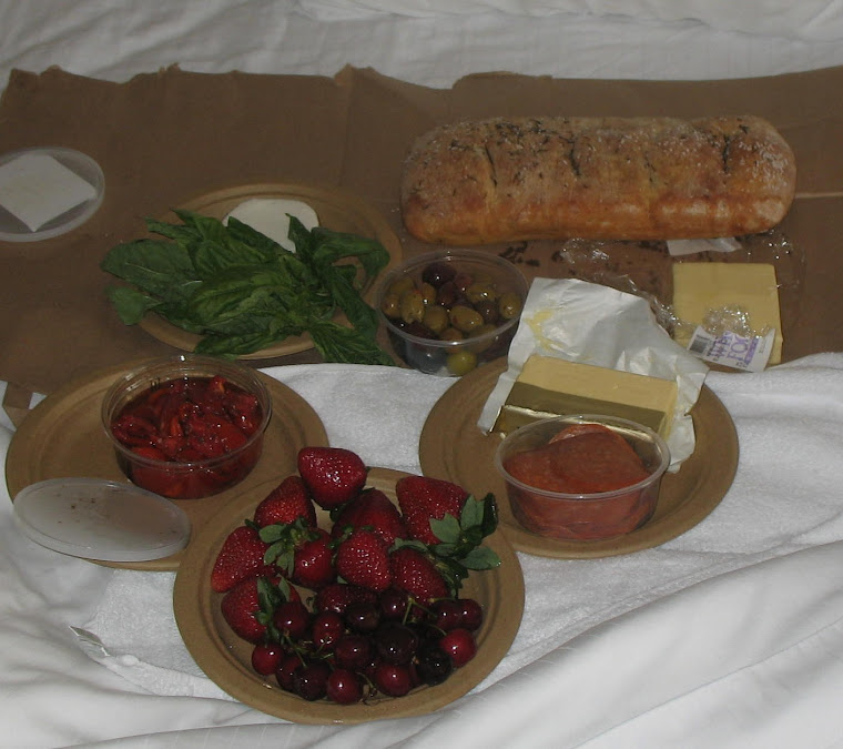 First CA Dinner: Roasted Tomatoes, Basil, Olives, Rosemary Ciabatta, Cheese, Fresh Fruit- YUM!