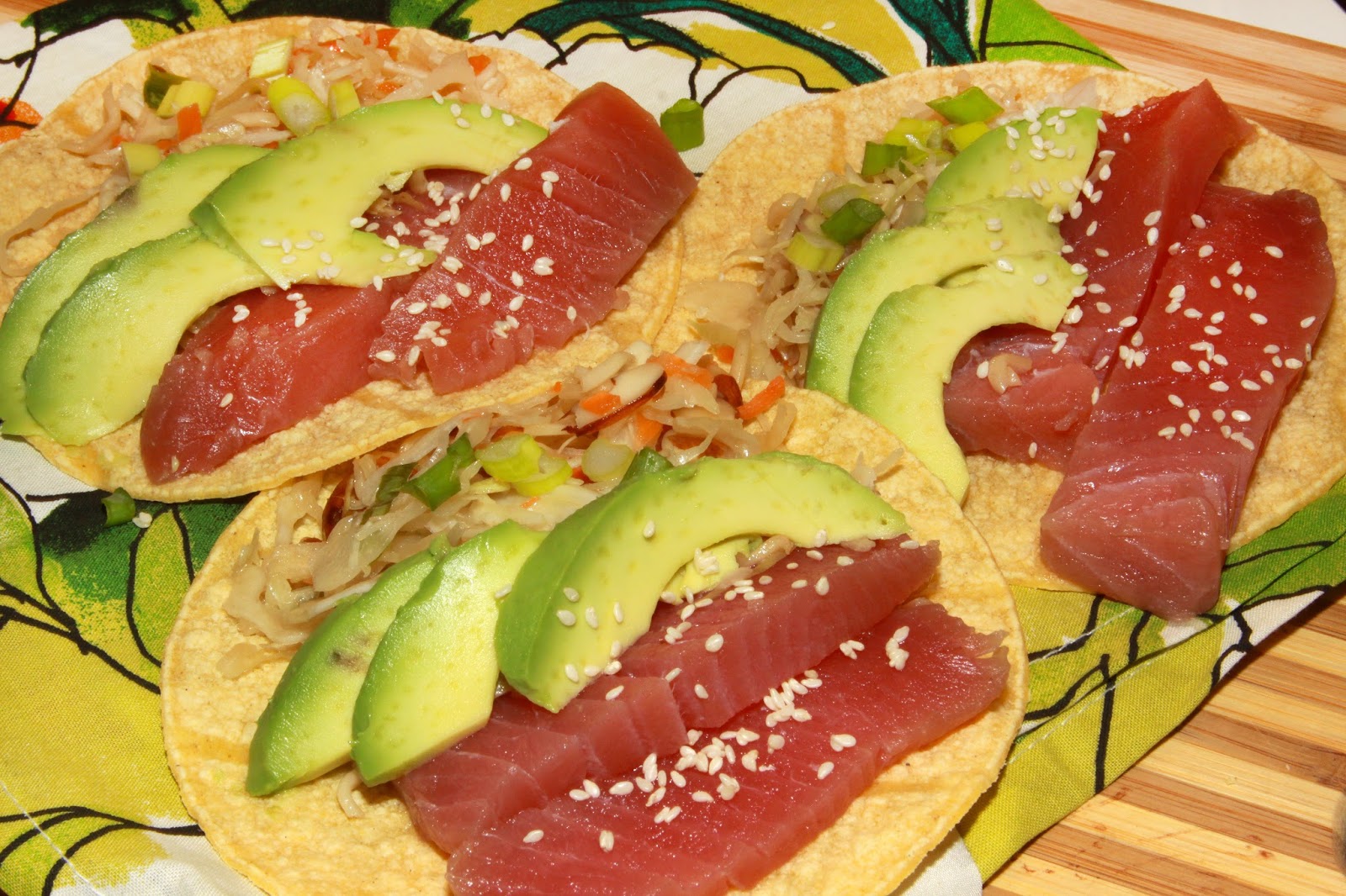 For the Love of Food Ahi Tuna Fish Tacos with Wasabi Creme and Ramen Slaw