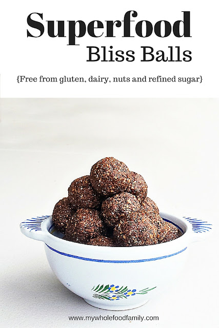 Superfood Bliss Balls - free form gluten, nuts and refined sugar - from www.mywholefoodfamily.com