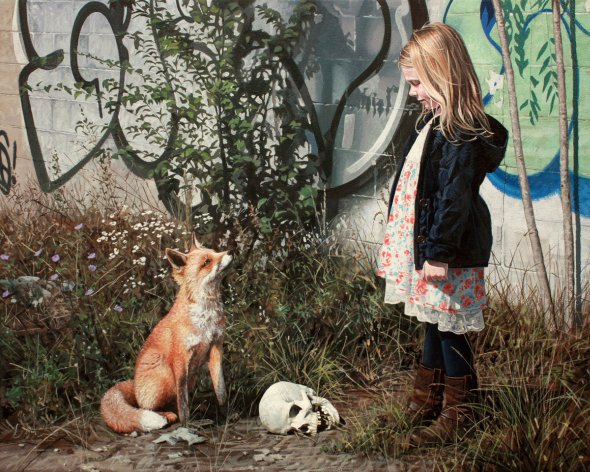 As pinturas hiper-realistas de meninas e animais em cidades abandonadas de Kevin Peterson Kevin Peterson arte pinturas hiper-realistas meninas animais na cidade abandonada surreal solidão