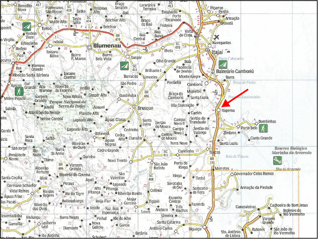 Mapa rodoviário com a localização de Itapema