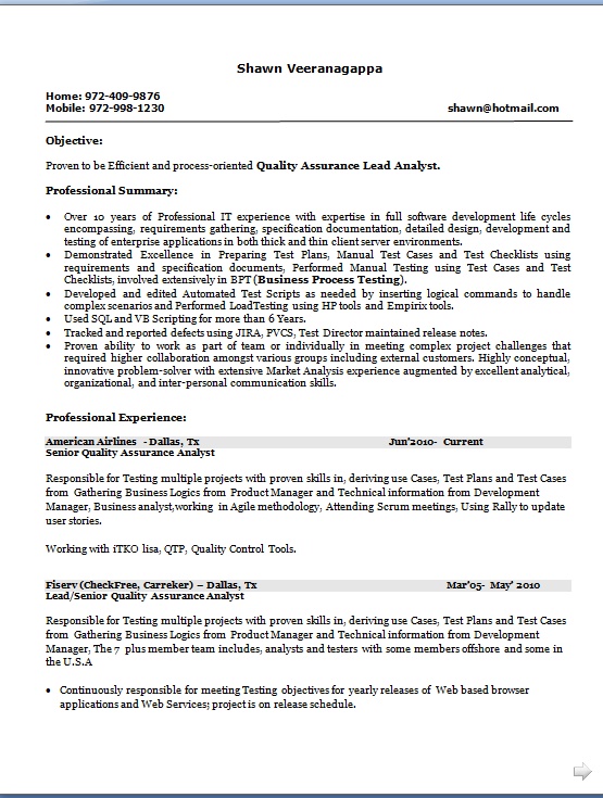 oriented quality assurance lead analyst sample resume sample resume for quality analyst