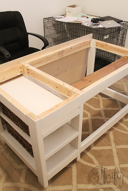 DIY desk with storage. Farmhouse desk tutorial. Desk tutorial with hidden cord storage. Desk organizing ideas.