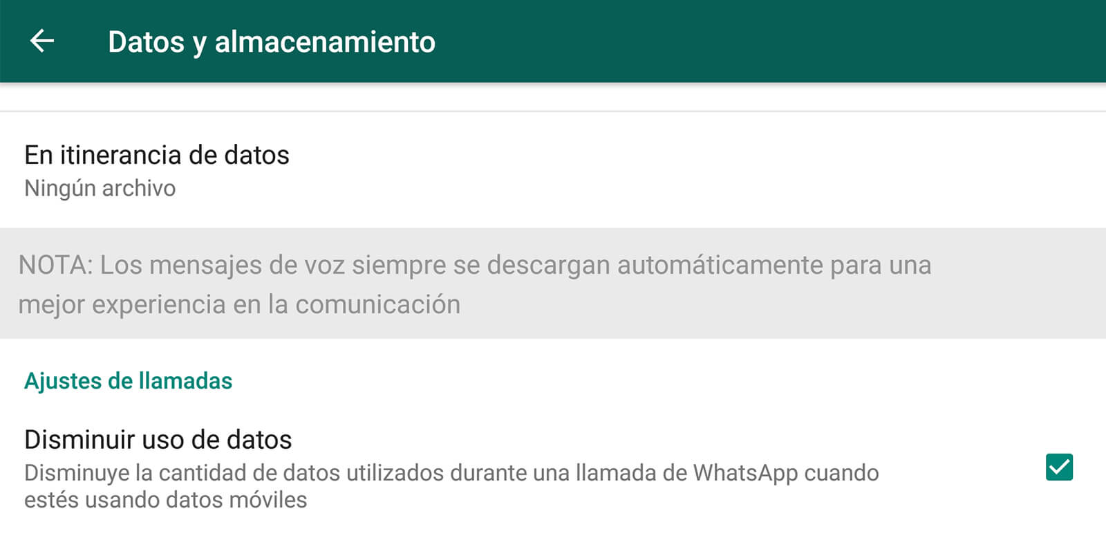 Configuraciones de datos en WhatsApp