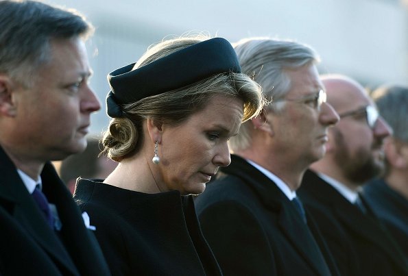 Queen Mathilde and King Philippe of Belgium attend a memorial ceremony to mark the first anniversary of the Brussels attacks by Islamic extremists at Brussels' airport in Zaventem