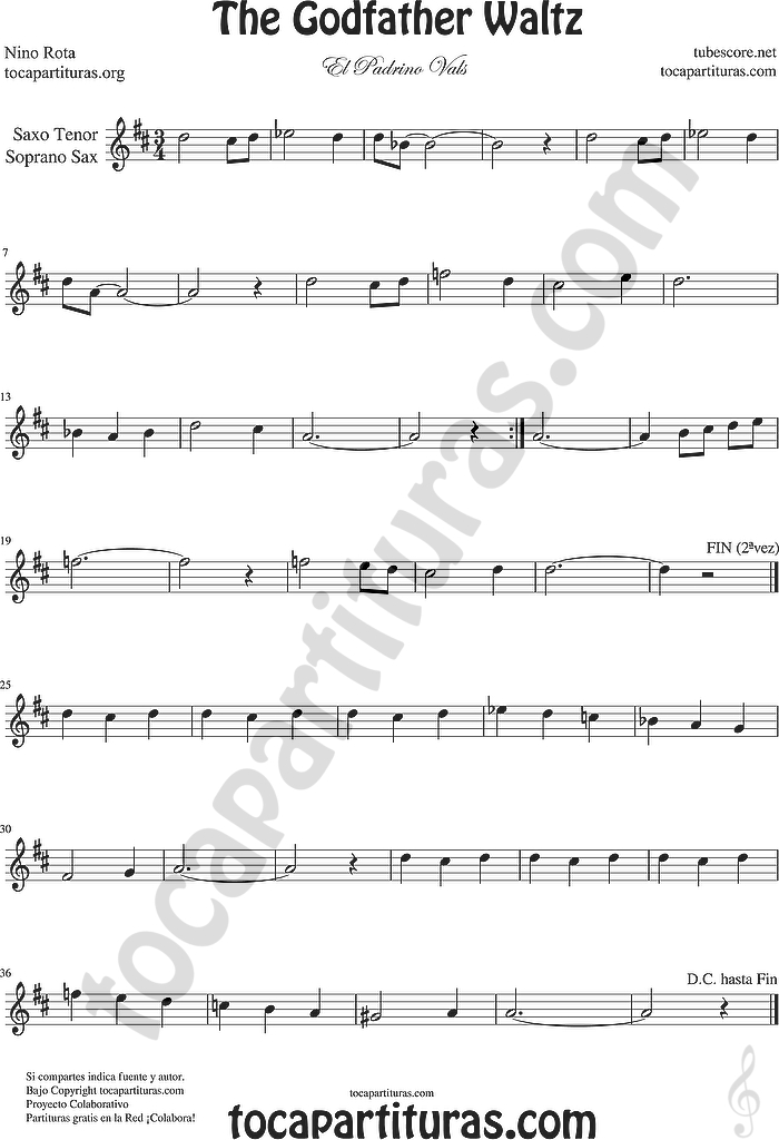 Tubescore The Godfather Waltz By Nino Rota Sheet Music For Flute Violin Alto Sax Trumpet Viola Oboe Clarinet Tenor Sax Soprano Sax Trombone Flugelhorn Cello Bassoon Baritone Sax Euphonium Horn Tube