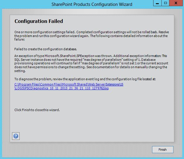 sharepoint 2013 configuration failed max degree of parallelism