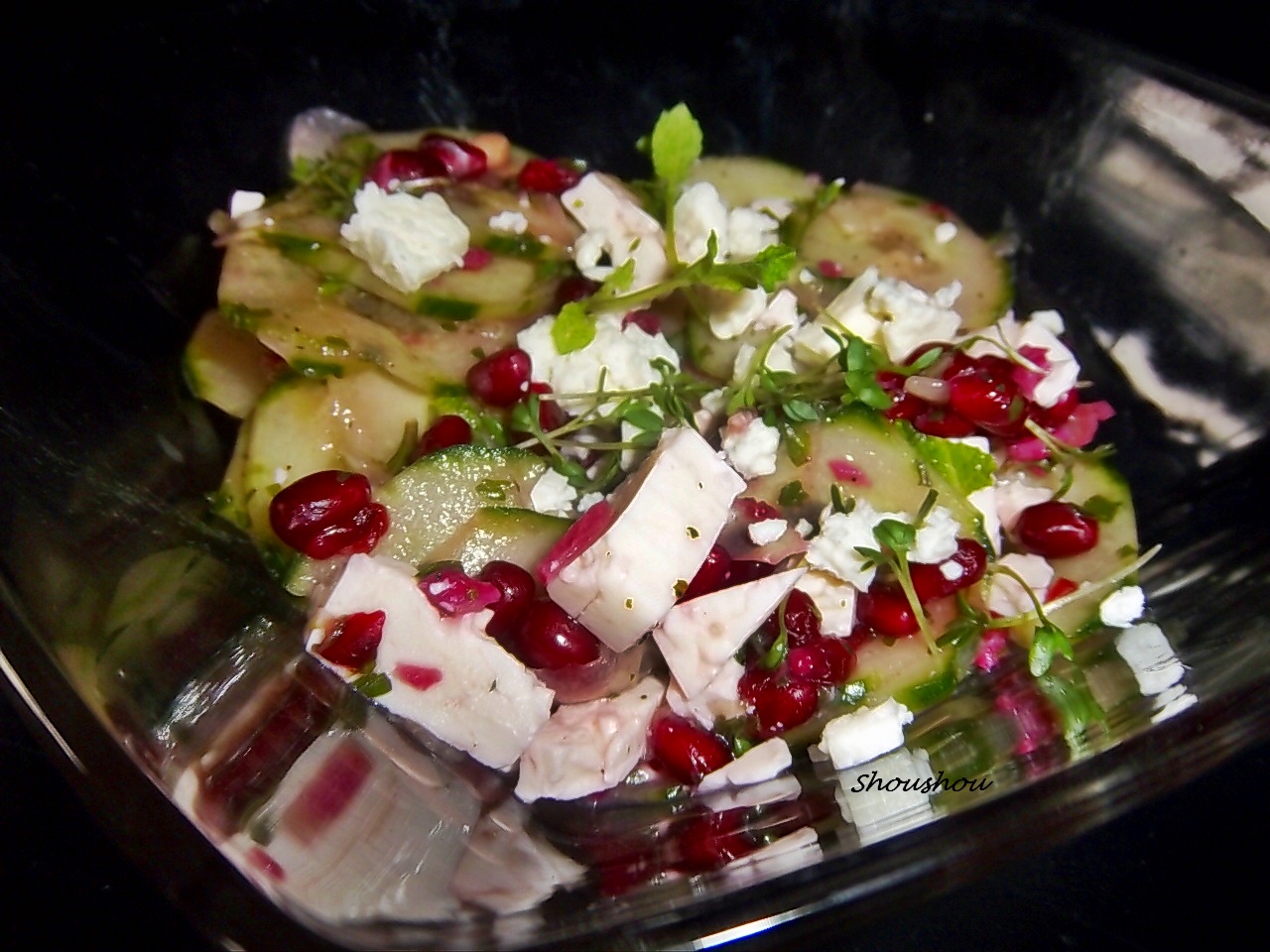Gurken- Granatapfel- Salat mit Schafskäse