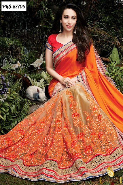 Karishma Kapoor special orange color velvet bollywood saree online shopping with discount offer sale