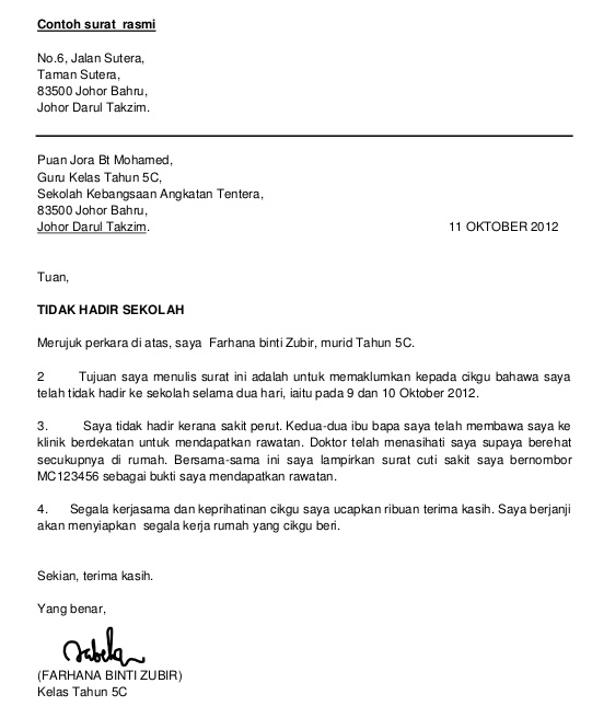 Contoh Surat Rasmi Memohon Cuti Untuk Tidak Hadir Ke 