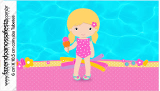 Fiesta en la Piscina para Niña Rubia: Etiquetas para Candy Bar para Imprimir Gratis. Etiquetas de Fiesta en la Piscina para Niña Rubia para imprimir gratis.
