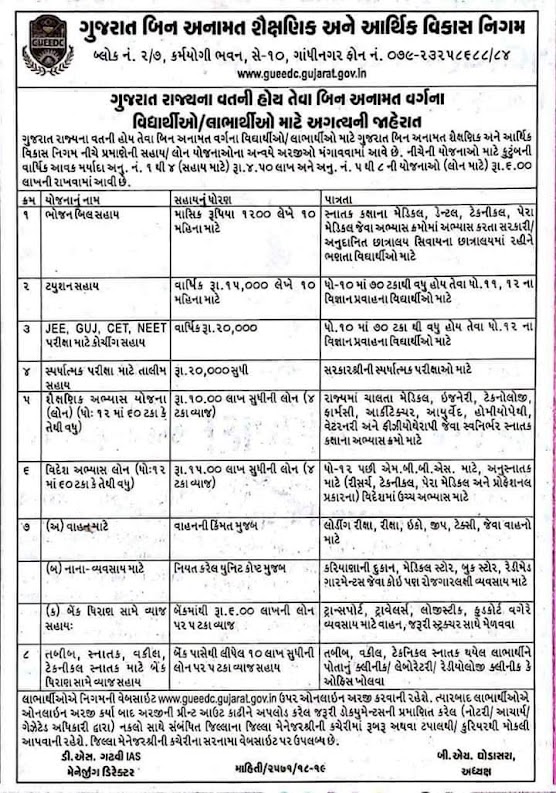 Gujarat Unreserved Educational & Economical Development corporation Various Scheme for 2019
