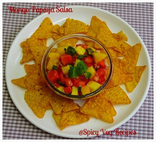 This mango papaya fruit salsa is Easy, delicious, healthy. I am sure you will love the delightful tangy sweet and sour flavors of tropical fruits. You can serve it as a salad, side dish or with some nachos chips for an appetizer or snack.  mango papaya salsa-How to make mango papaya salsa-mango papaya salsa recipe Breakfast N Snacks, Fusion, salad n salsa, Soups n Salads, Mango recipes, spicy veg recipes, veg recipes, healthy recipes, Quick Recipes, Easy Recipes, Bachelor Recipes, Kids Recipes, Papaya recipes,