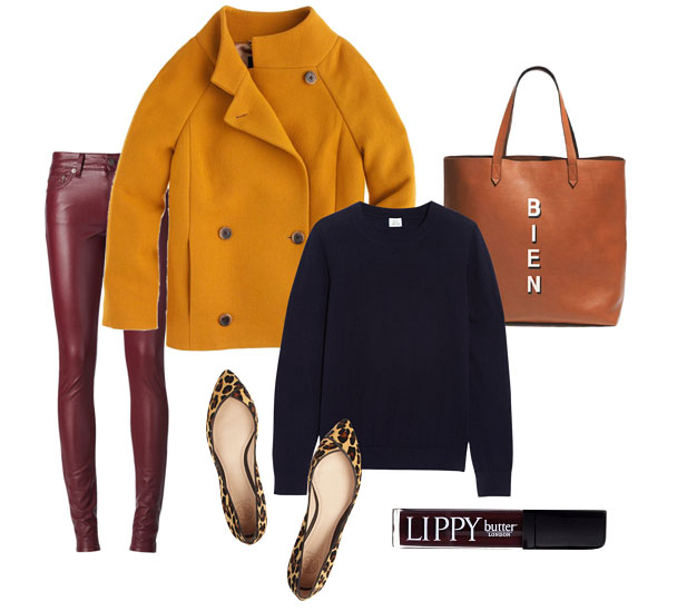 Style Board: Leather Pants, Wool Coat, Cashmere Sweater, Tote, Leopard Flats