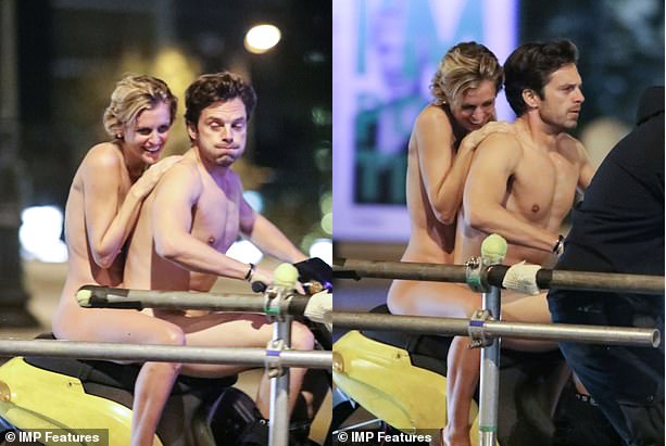 Movie stars Sebastian Stan & Denise Gough ride a scooter through street...