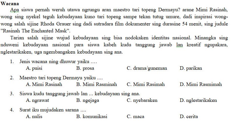 KisiKisi, Soal dan Kunci Jawaban PAS Bahasa Indramayu SMP
