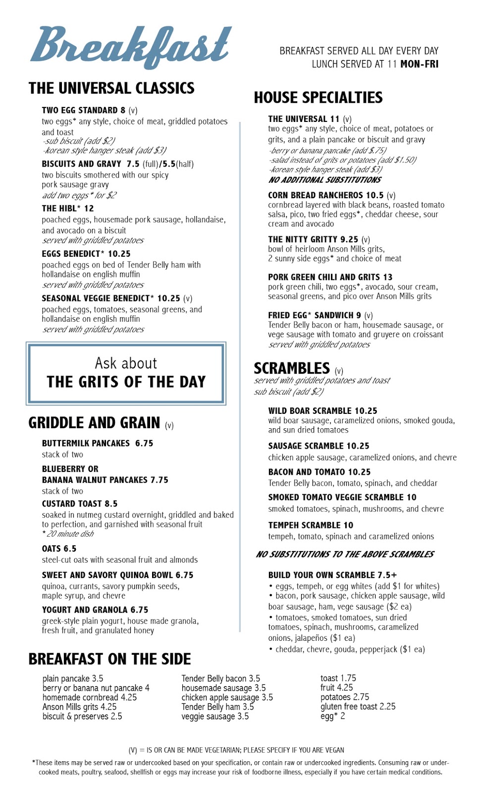 THE UNIVERSAL BREAKFAST MENU THE UNIVERSAL BREAKFAST MENU