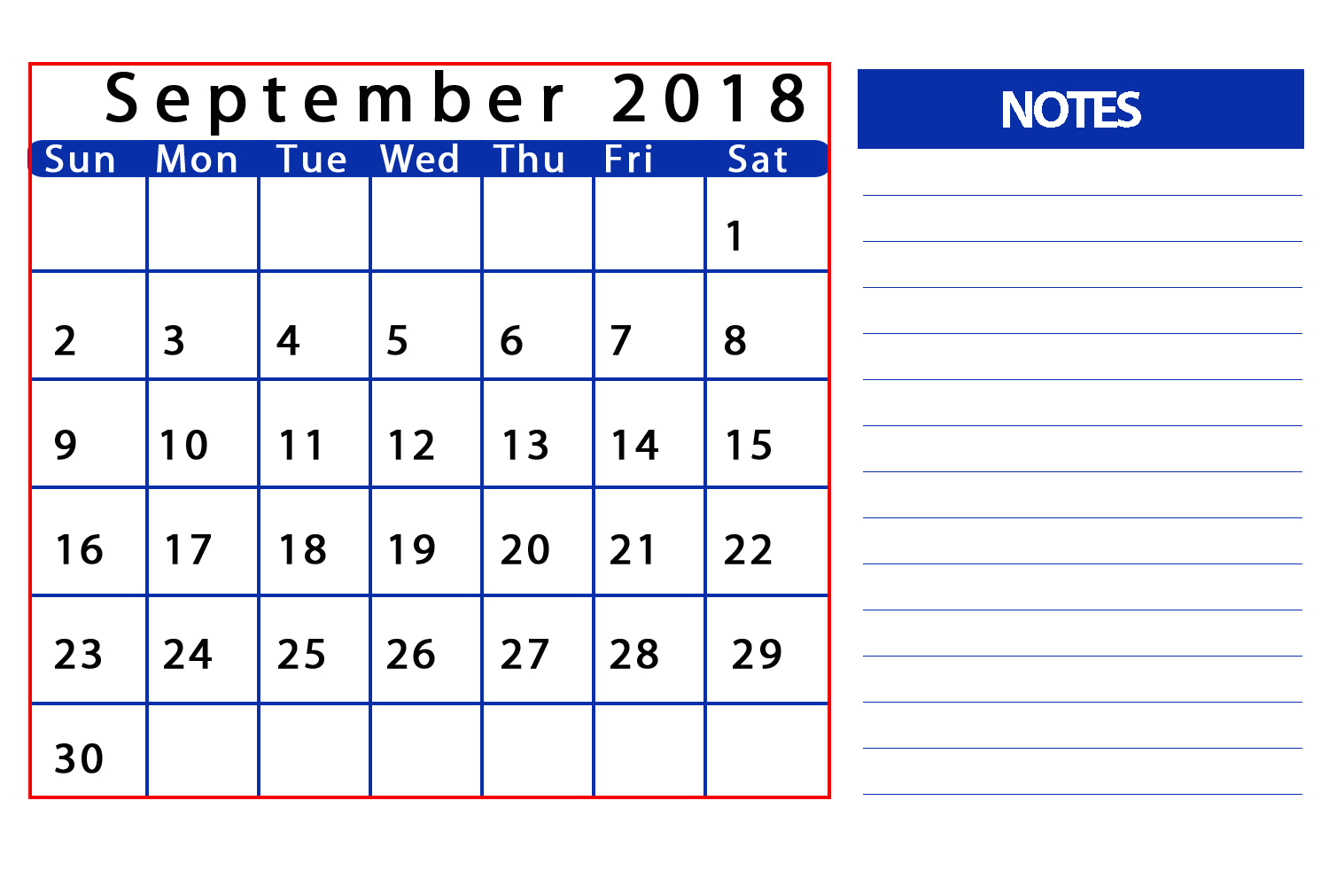 september month calendar 2018